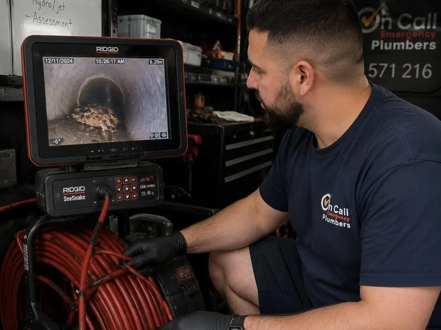 Plumber inspecting a sewer CCTV camera monitor, Carrum Downs