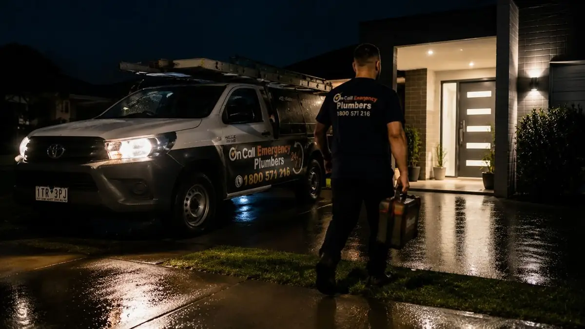 Emergency plumbing service vehicle at night, Carrum Downs