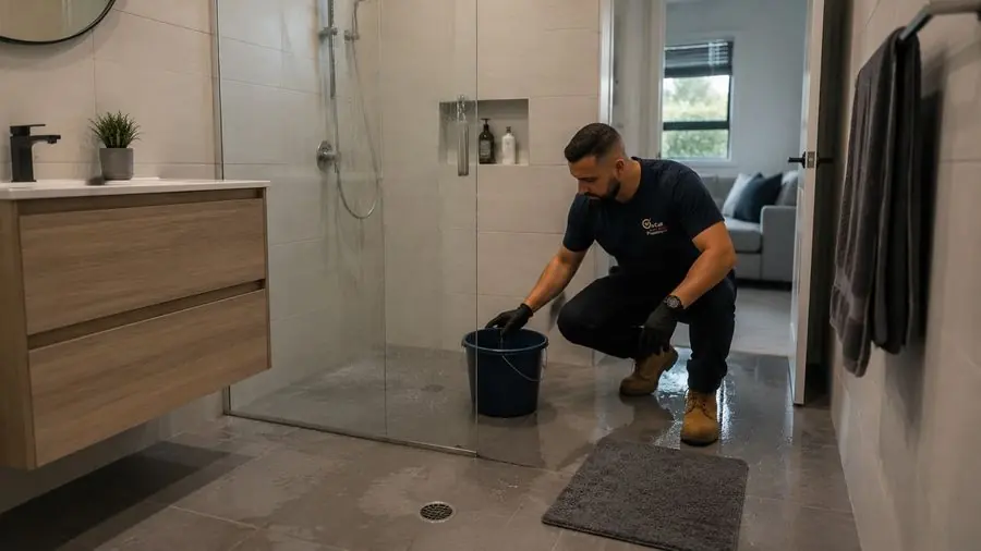 Plumber assessing water at a bathroom floor drain, Carrum Downs