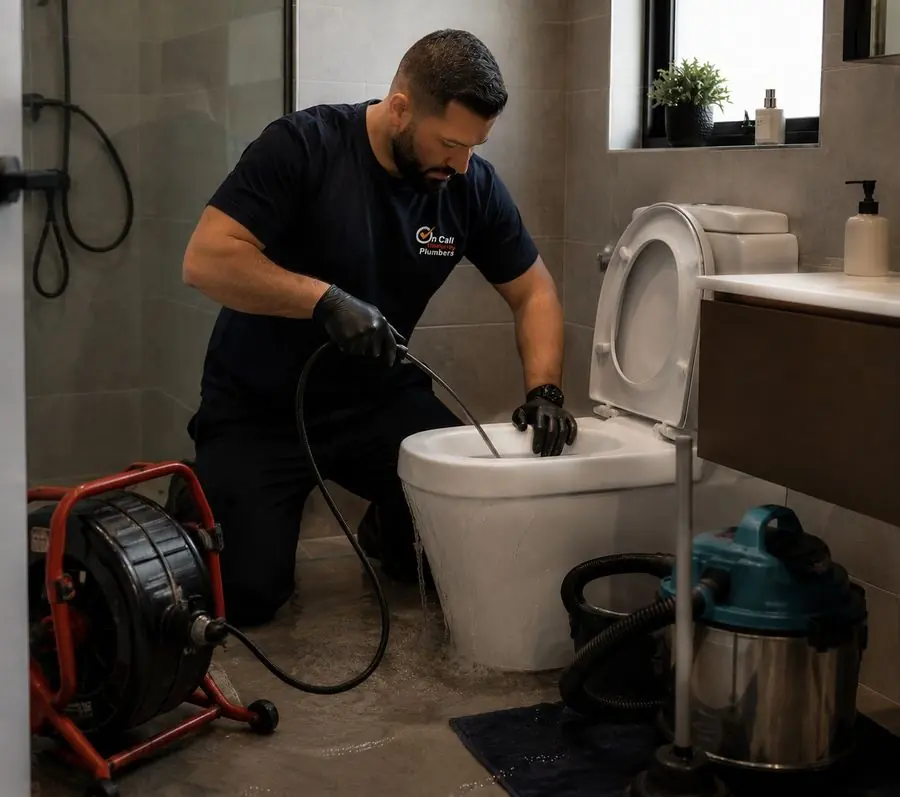 Plumber clearing a toilet blockage, Carrum Downs