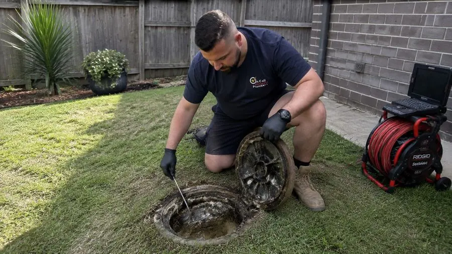 Plumber inspecting a sewer access point, Carrum Downs