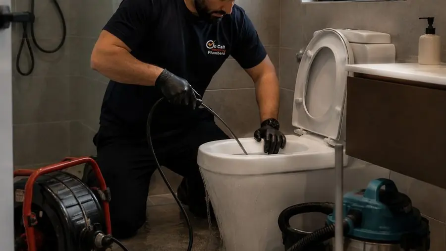 Plumber clearing a toilet blockage, Carrum Downs