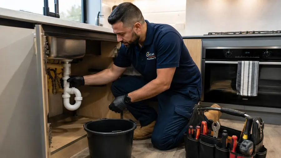 Plumber inspecting a kitchen waste pipe, Carrum Downs